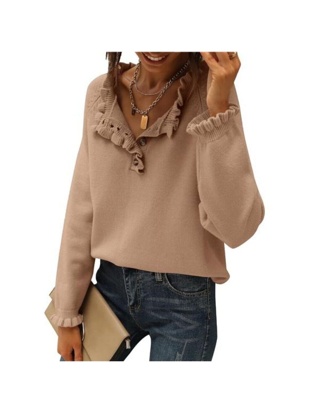 Womens Ruffle Sweater Long Sleeve Knitted Pullover Button Down Crewneck Tops